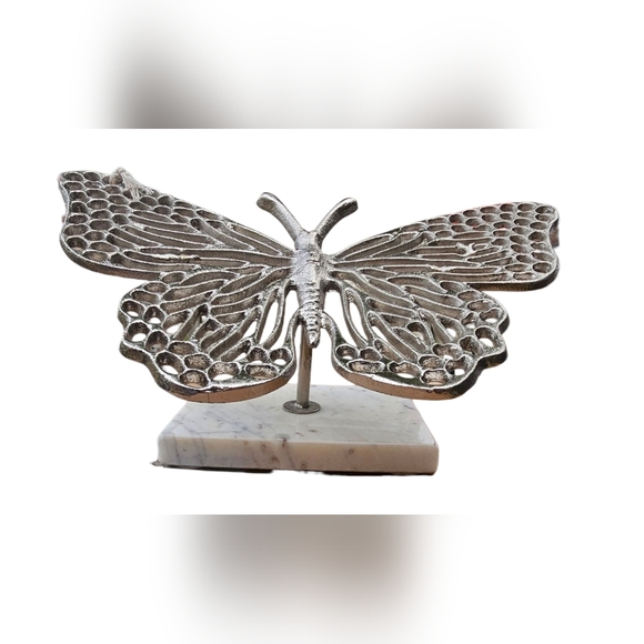 Beautiful Butterfly Decor Silver Metal Sculpture on Marble Stand 7"x11"x5"Tall - Picture 2 of 12